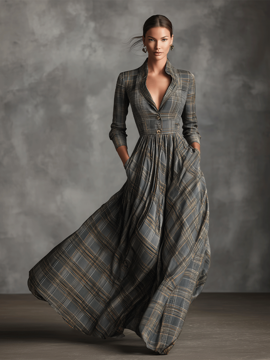 Abito Maxi Flare in Lino Mistoe Grigio con Motivo Tartan per Donna