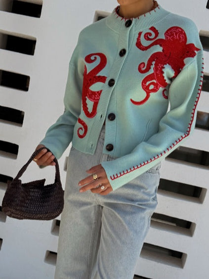 Cardigan lavorato a maglia con motivo di polpo divertente