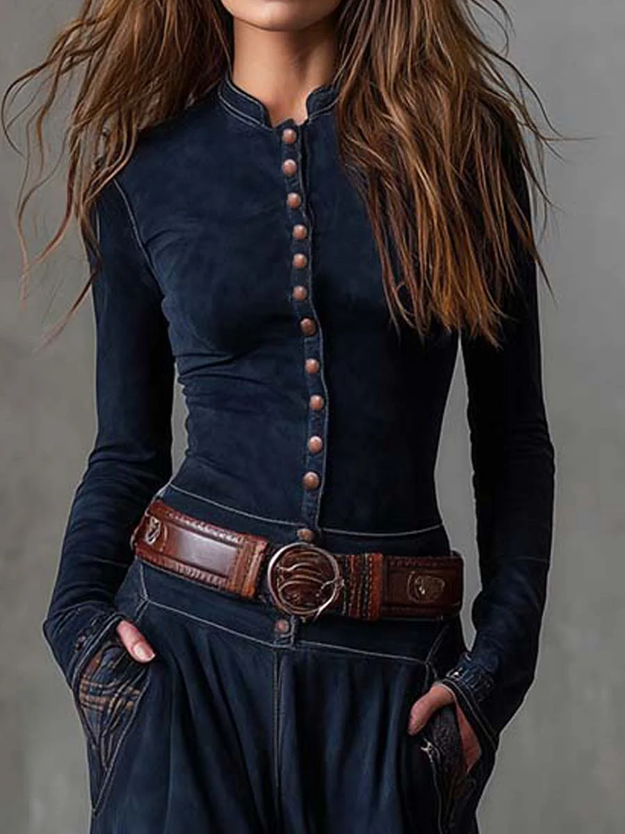 Leonora | Vestito lungo vintage in camoscio a quadri blu navy (Include Cintura)