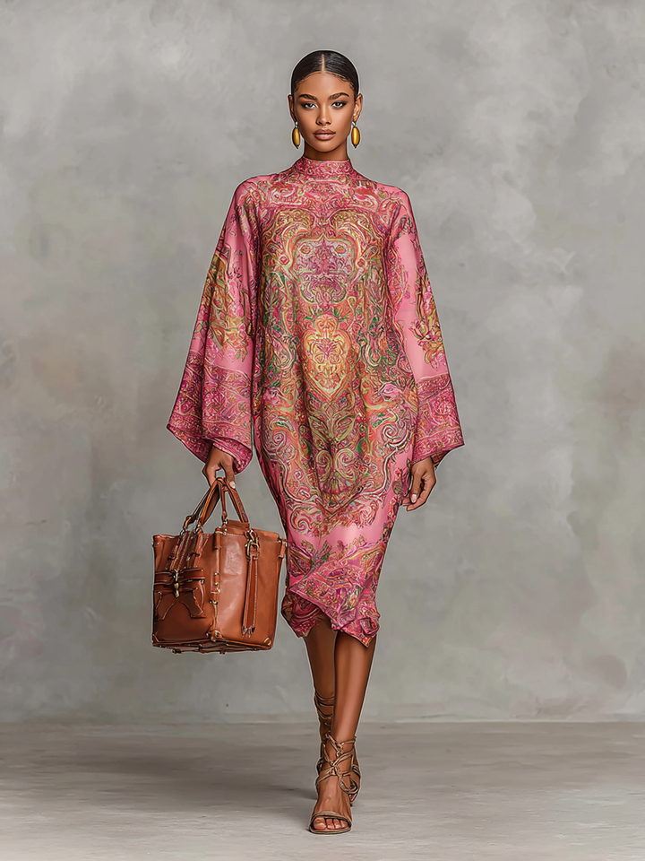 Abito Midi Loose a Maniche Lunghe con Stampa Paisley per Donna